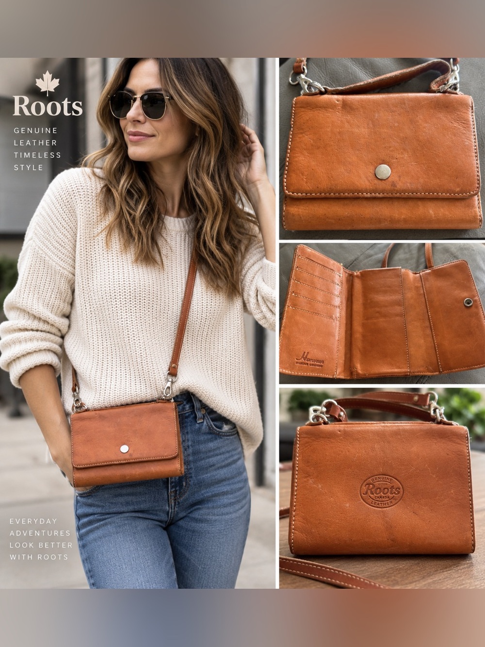Roots Classic horween Leather Crossbody Bag in Cognac Brown